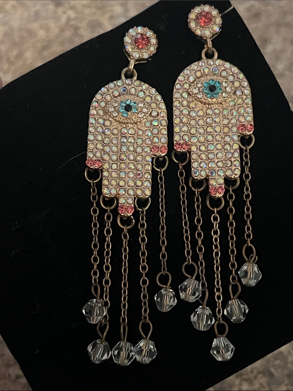 Hamsa Rhinestone Dangle Earrings - Multicolor Crystals Like New